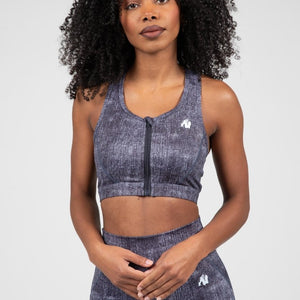 Gorilla Wear Camila Zip - Front Spots Bra - Blue Denim - Urban Gym Wear