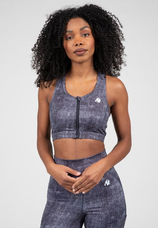 Gorilla Wear Camila Zip - Front Spots Bra - Blue Denim - Urban Gym Wear