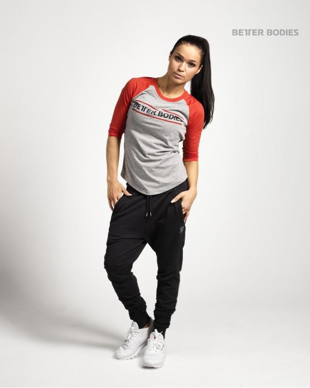 Better Bodies Womens Baseball Tee - Grey Melange-Red - Urban Gym Wear