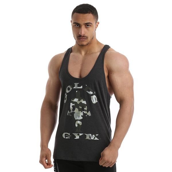 Golds Gym Camo Logo Classic Stringer Charcoal Urban Gym Wear 