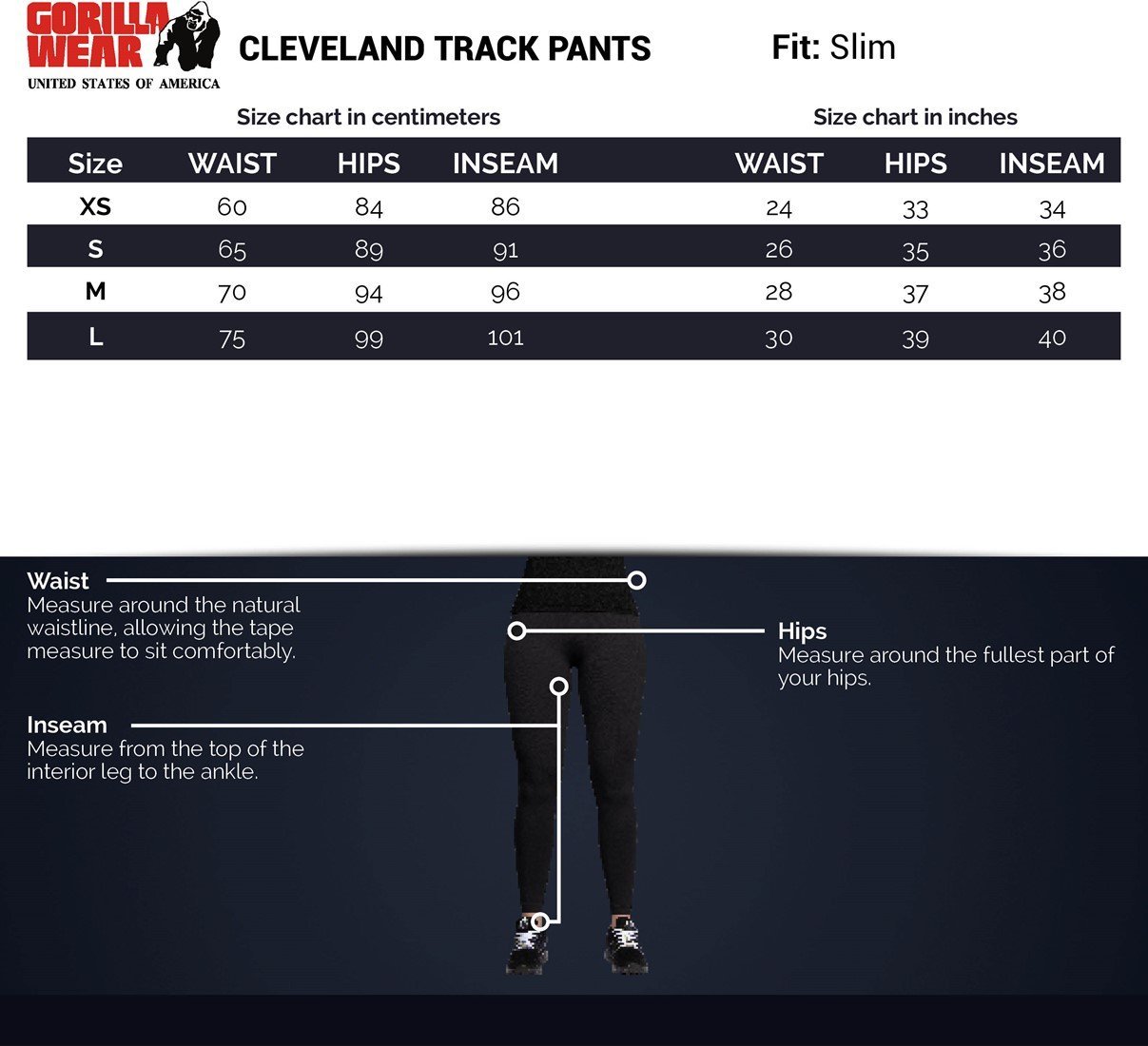 Running pants size top chart