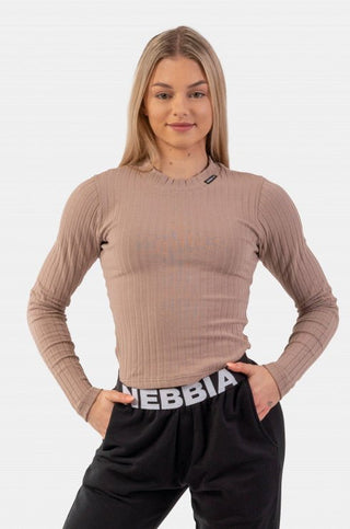 Nebbia Organic Cotton Ribbed Long Sleeve Top 415 - Brown - Urban Gym Wear